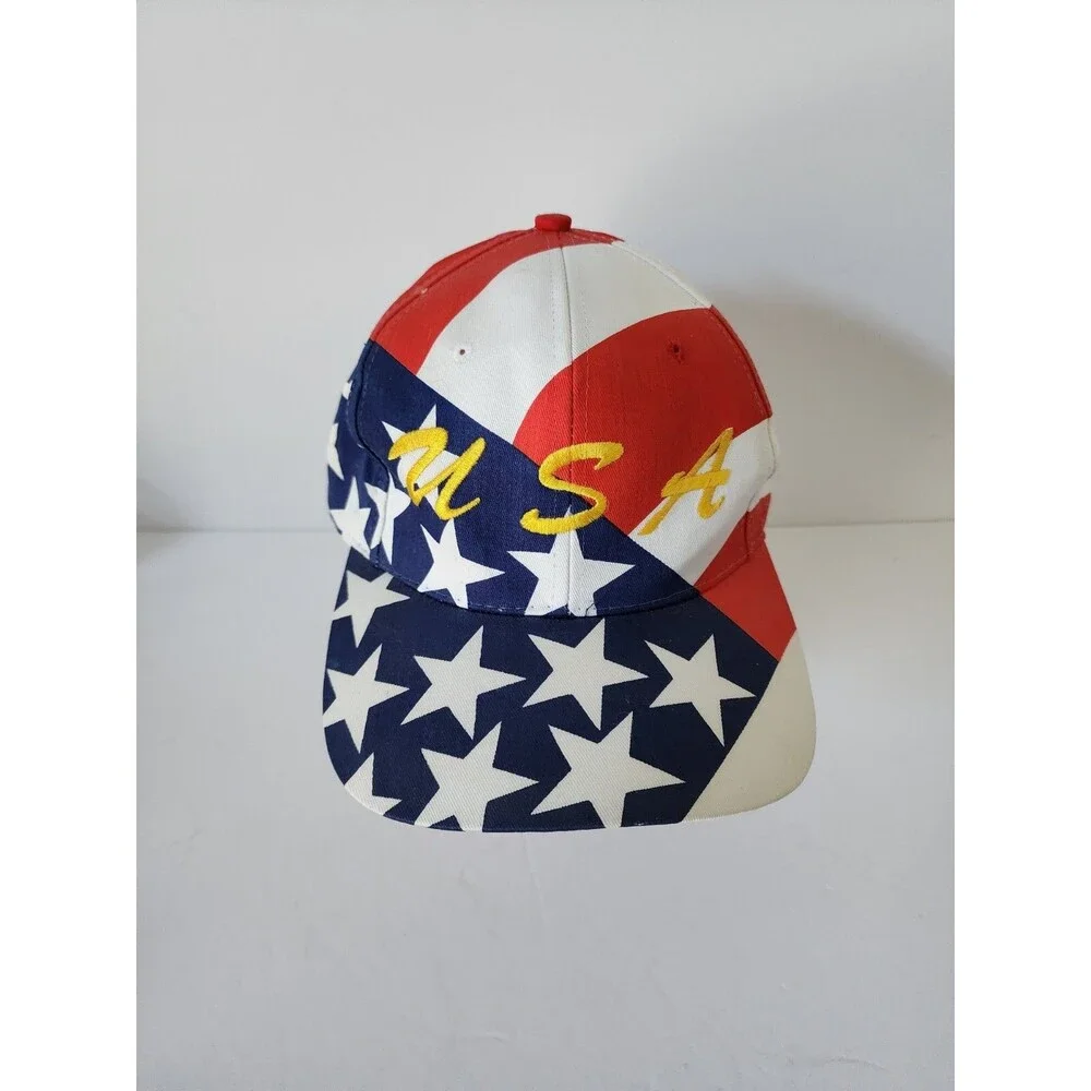 Vintage USA United States Stars Snapback Hat Nissin Cap Adjustable, White Red